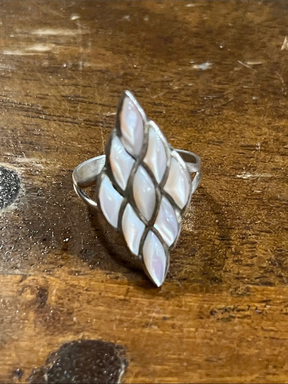 Vintage Sterling Silver White Mother-of-Pearl Marquise Inlay Ring